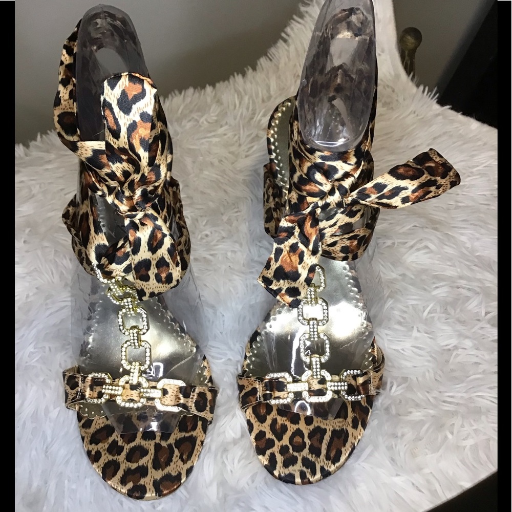 Ellie Leopard Print Tie-Up The Leg Sandals With Rhinestone Chain Detail